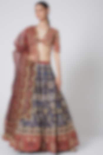 Cobalt Blue & Red Embroidered Lehenga Set by Payal Zinal