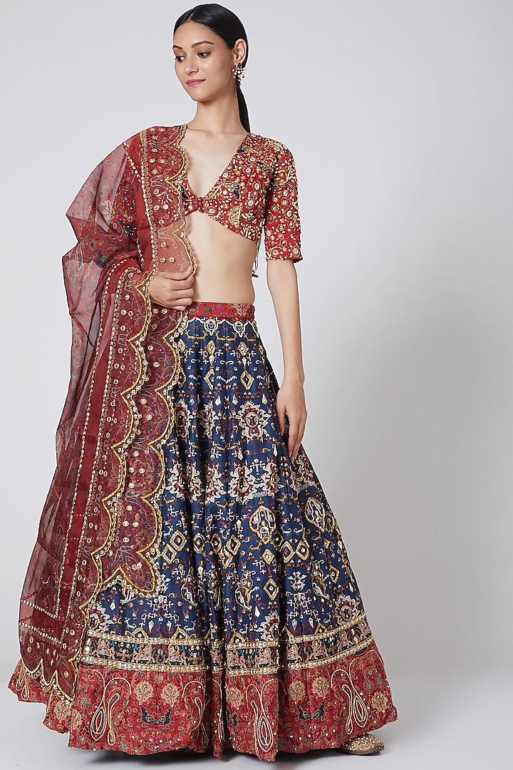 Cobalt Blue & Red Embroidered Lehenga Set Design by Payal Zinal at ...