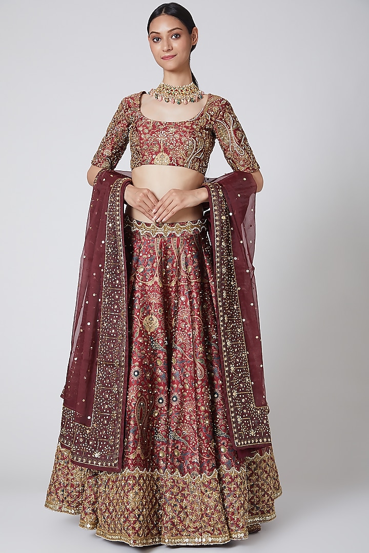Red Embroidered Lehenga Set by Payal Zinal