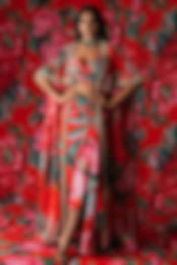Red Glaze Floral Printed Cape Set by Payal & Zinal at Pernia's Pop Up Shop