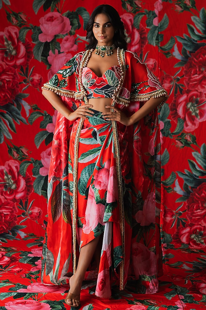 Red Glaze Floral Printed Cape Set by Payal & Zinal at Pernia's Pop Up Shop