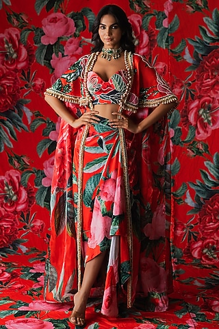Red Glaze Floral Printed Cape Set by Payal & Zinal