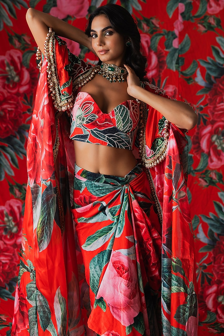 Red Glaze Floral Printed Cape Set by Payal & Zinal at Pernia's Pop Up Shop