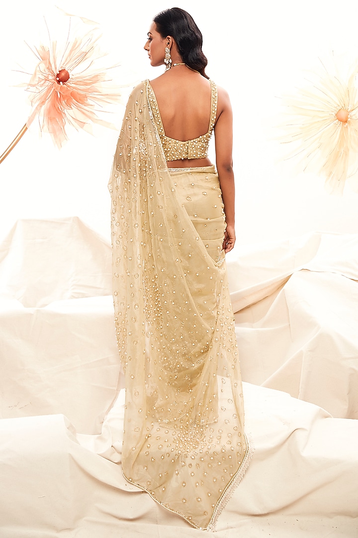 Golden Zari Fabric Glass Bead Embellished Wedding Saree Set by Payal & Zinal at Pernia's Pop Up Shop