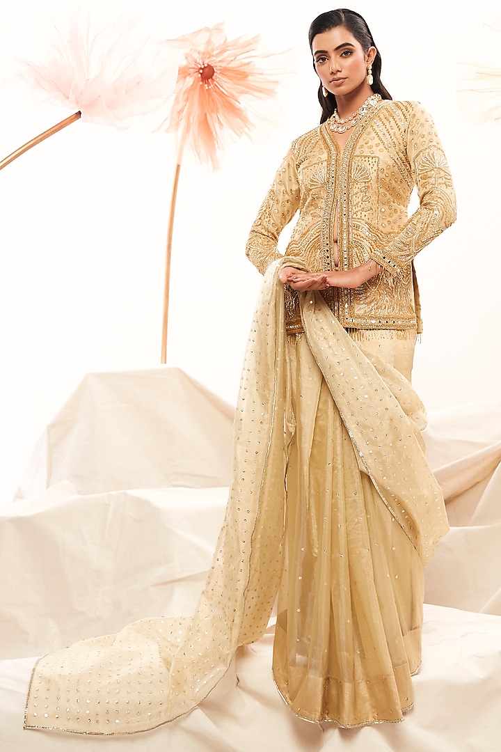 Gold Zari Embroidered Saree Set by Payal Zinal