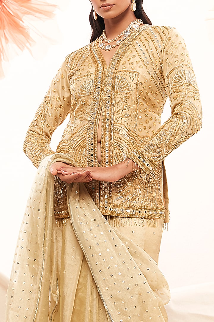 Golden Zari Fabric Embellished Wedding Saree Set by Payal & Zinal at Pernia's Pop Up Shop