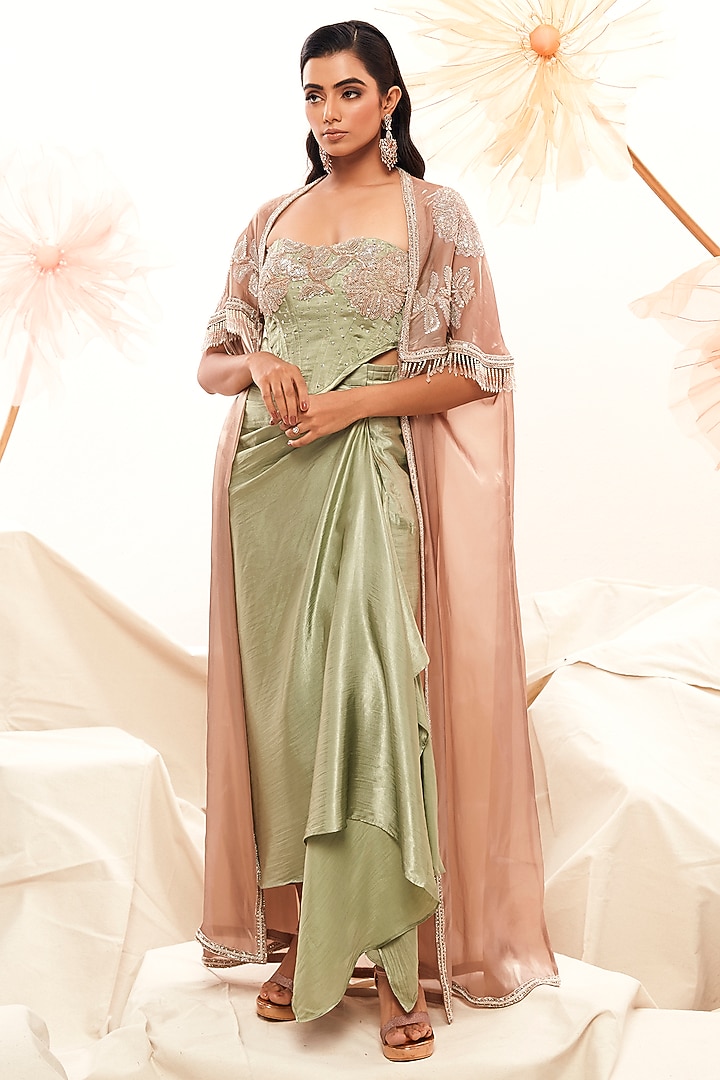 Nude Blush Pink Imported Organza Glass Beads Embroidered Cape Set by Payal & Zinal at Pernia's Pop Up Shop