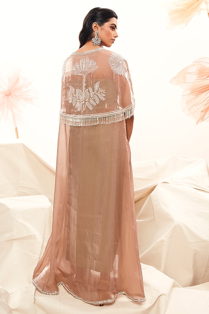 Nude Blush Pink Imported Organza Glass Beads Embroidered Cape Set by Payal & Zinal at Pernia's Pop Up Shop