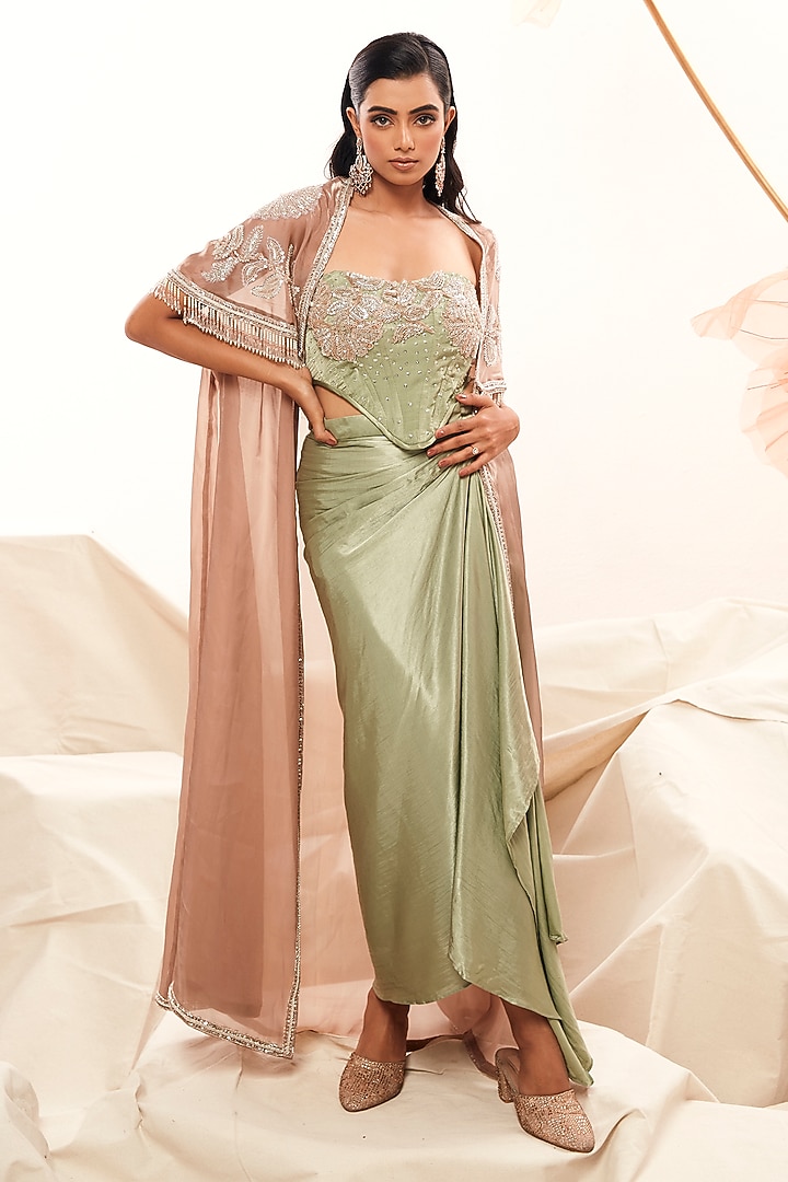 Nude Blush Pink Imported Organza Glass Beads Embroidered Cape Set by Payal & Zinal at Pernia's Pop Up Shop
