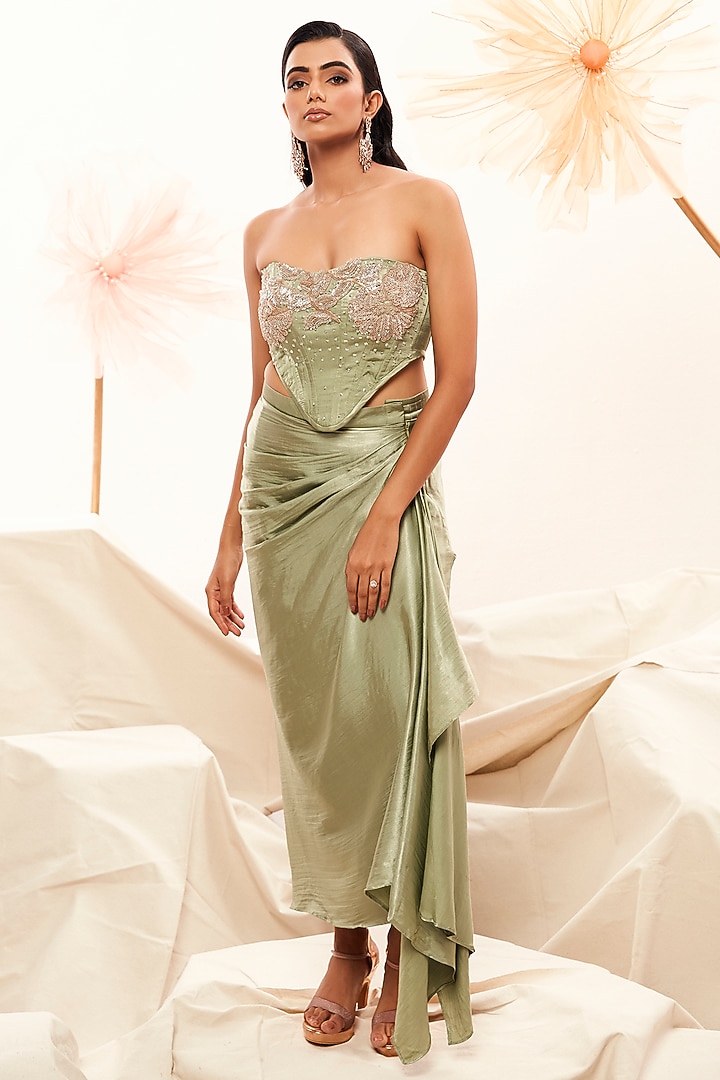 Nude Blush Pink Imported Organza Glass Beads Embroidered Cape Set by Payal & Zinal at Pernia's Pop Up Shop