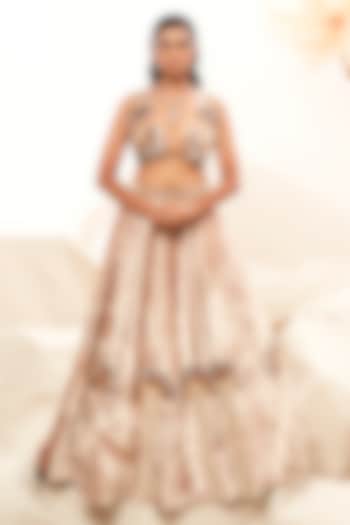 Champagne Velvet Pearl Embroidered Wedding Lehenga Set by Payal & Zinal at Pernia's Pop Up Shop