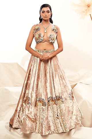 Champagne Velvet Pearl Embroidered Lehenga Set by Payal & Zinal