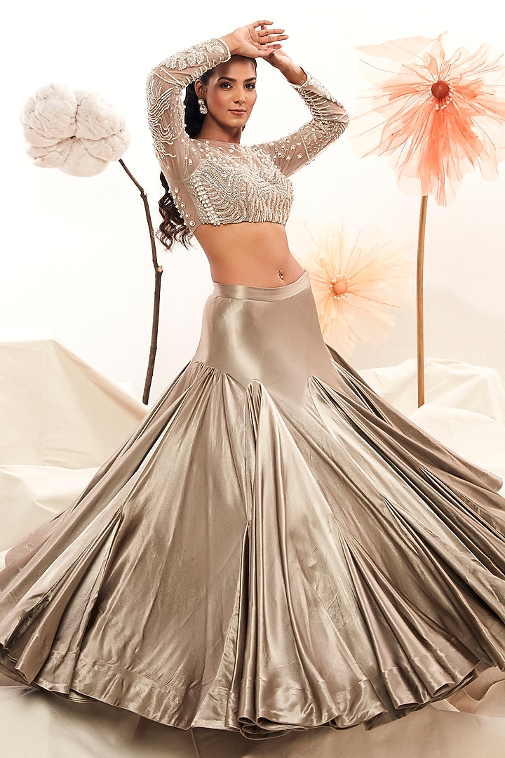 Grey Gajji Silk Pleated Skirt Set by Payal & Zinal at Pernia's Pop Up Shop