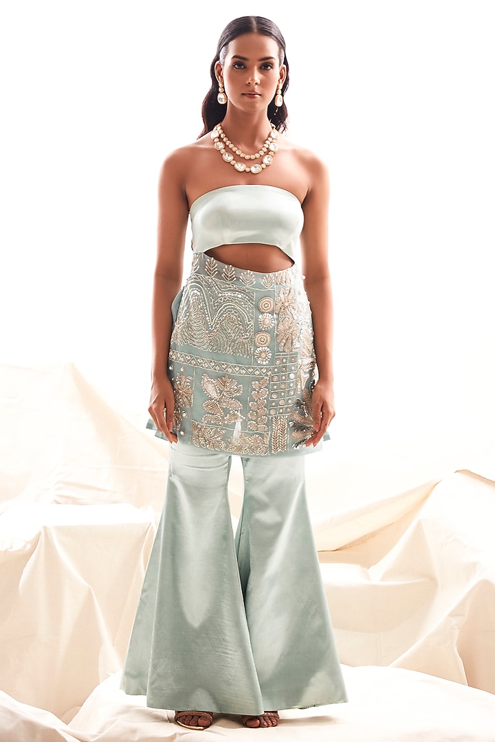 Light Blue Organza & Gajji Silk Embroidered Co-Ord Set by Payal & Zinal at Pernia's Pop Up Shop