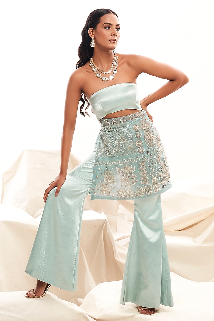 Light Blue Organza & Gajji Silk Embroidered Co-Ord Set by Payal & Zinal at Pernia's Pop Up Shop