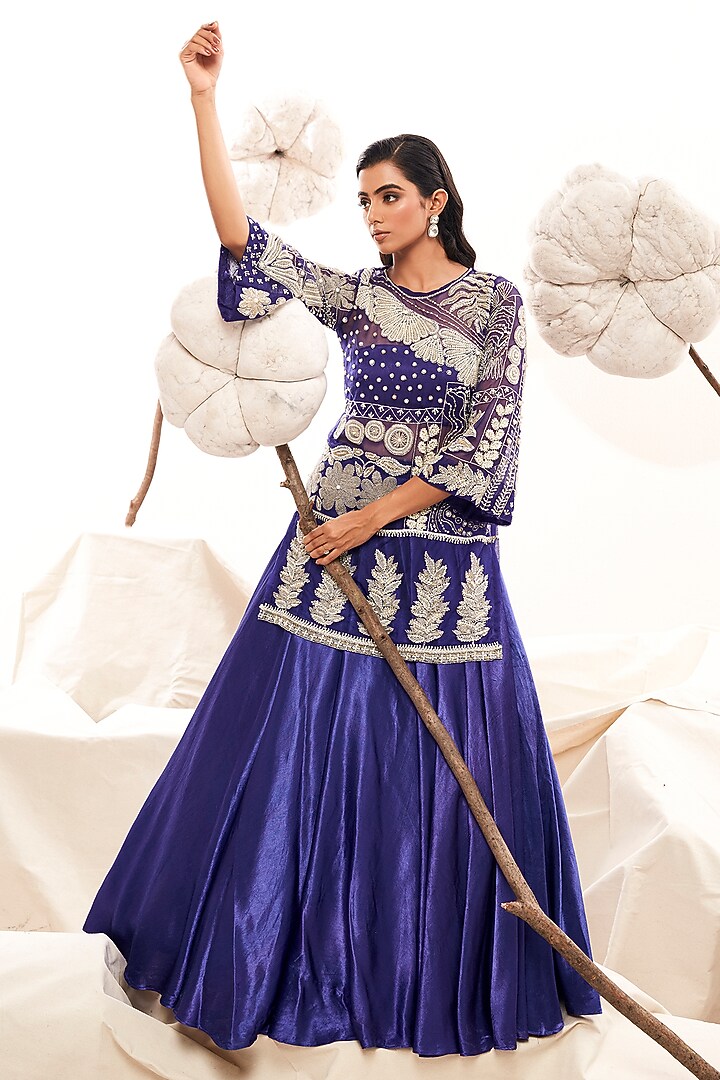 Blue Gajji Silk & Organza Pearl Embroidered Skirt Set by Payal & Zinal at Pernia's Pop Up Shop