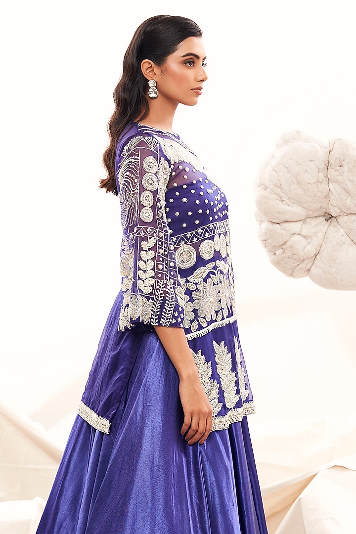 Blue Gajji Silk & Organza Pearl Embroidered Skirt Set by Payal & Zinal at Pernia's Pop Up Shop