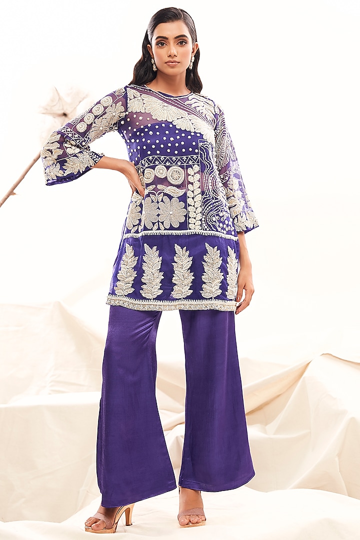 Blue Organza Embroidered Kurta Set by Payal Zinal at Pernia's Pop Up Shop