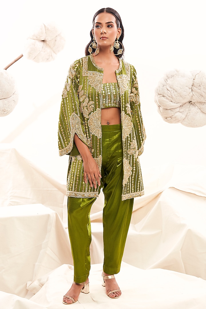 Olive Green Gajji Silk Embellished Blazer Set by Payal & Zinal at Pernia's Pop Up Shop