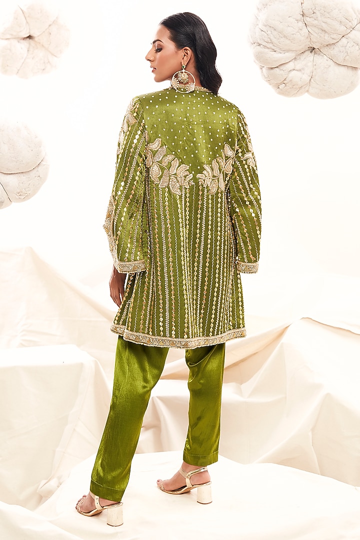 Olive Green Gajji Silk Embellished Blazer Set by Payal & Zinal at Pernia's Pop Up Shop