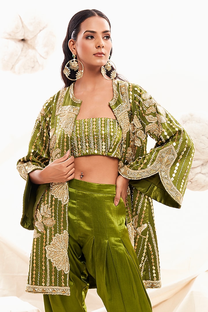 Olive Green Gajji Silk Embellished Blazer Set by Payal & Zinal at Pernia's Pop Up Shop