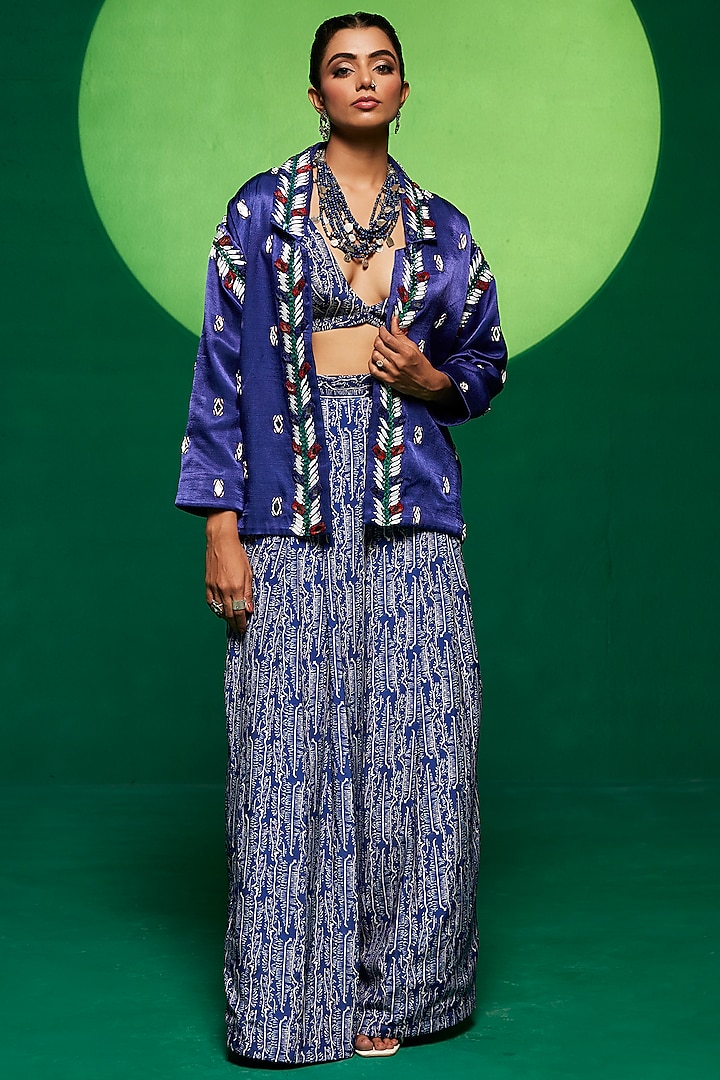 Blue Gajji Silk Embellished Jacket Set by Payal Zinal at Pernia's Pop Up Shop