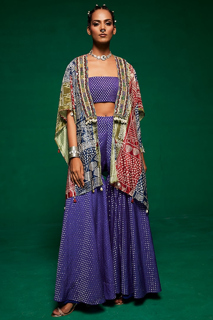 Purplish Blue Chanderi & Muslin Sharara Set by Payal Zinal at Pernia's Pop Up Shop