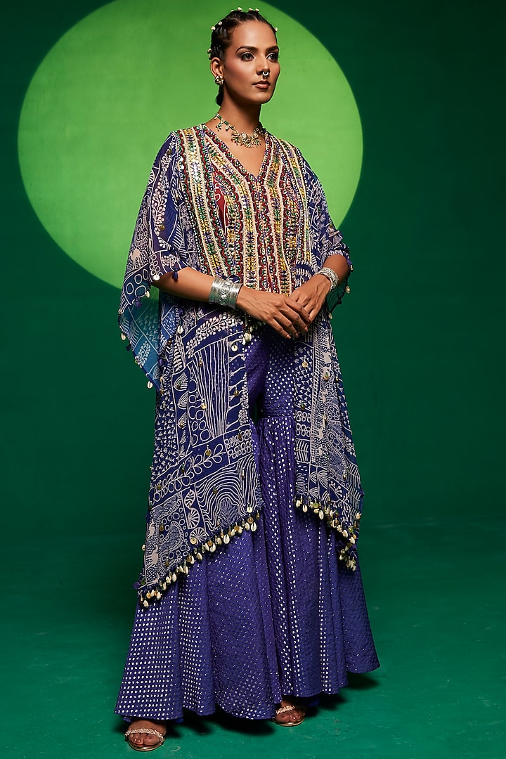 Purplish Blue Muslin & Georgette Sharara Set by Payal Zinal at Pernia's Pop Up Shop