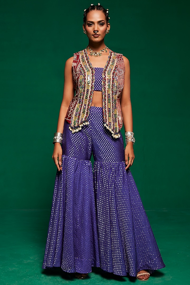 Purplish Blue Dotted Chanderi Sharara Set by Payal Zinal at Pernia's Pop Up Shop