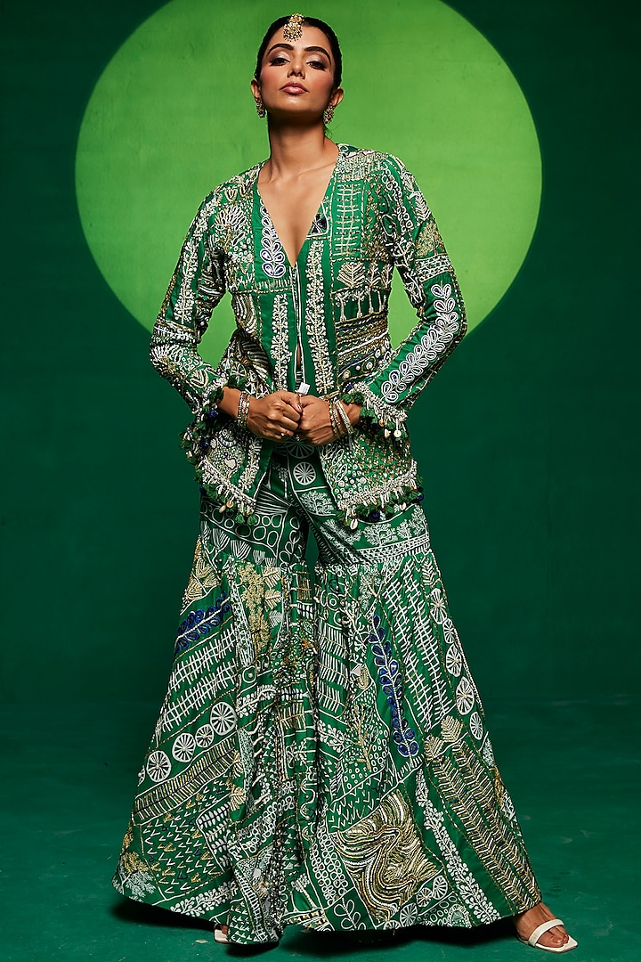 Green Muslin Embroidered Sharara Set by Payal Zinal