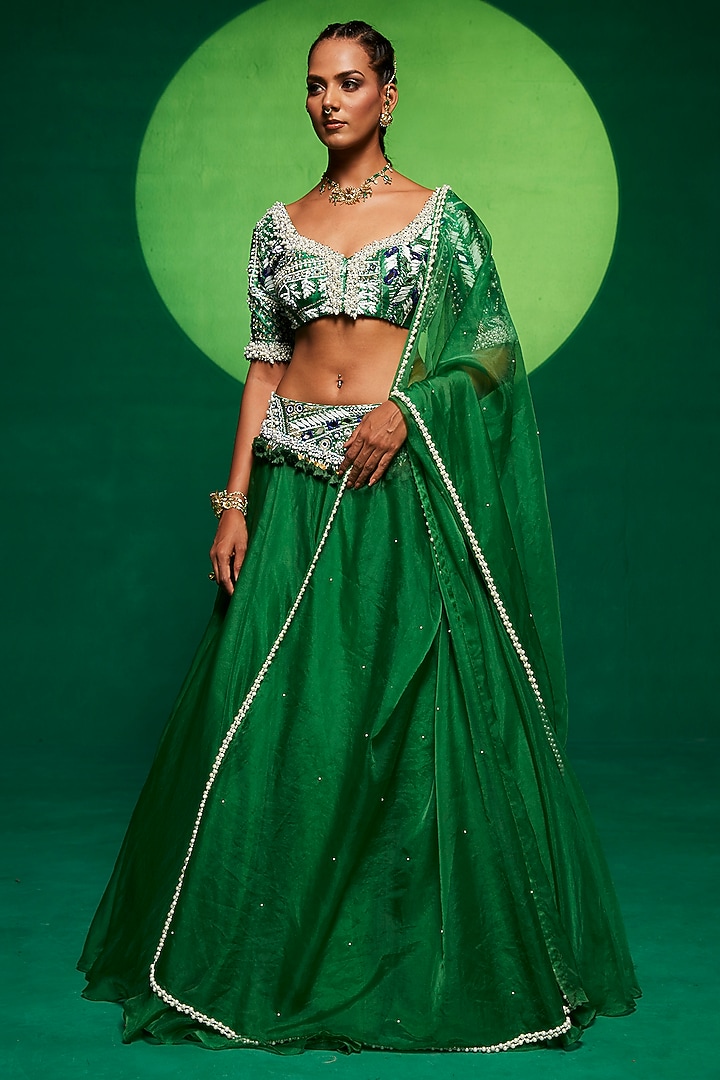 Green Organza Glass Bead Embellished Wedding Lehenga Set by Payal & Zinal at Pernia's Pop Up Shop