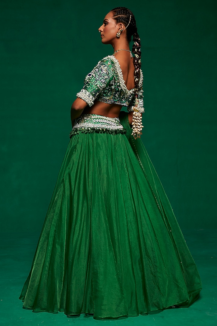 Green Organza Glass Bead Embellished Wedding Lehenga Set by Payal & Zinal at Pernia's Pop Up Shop