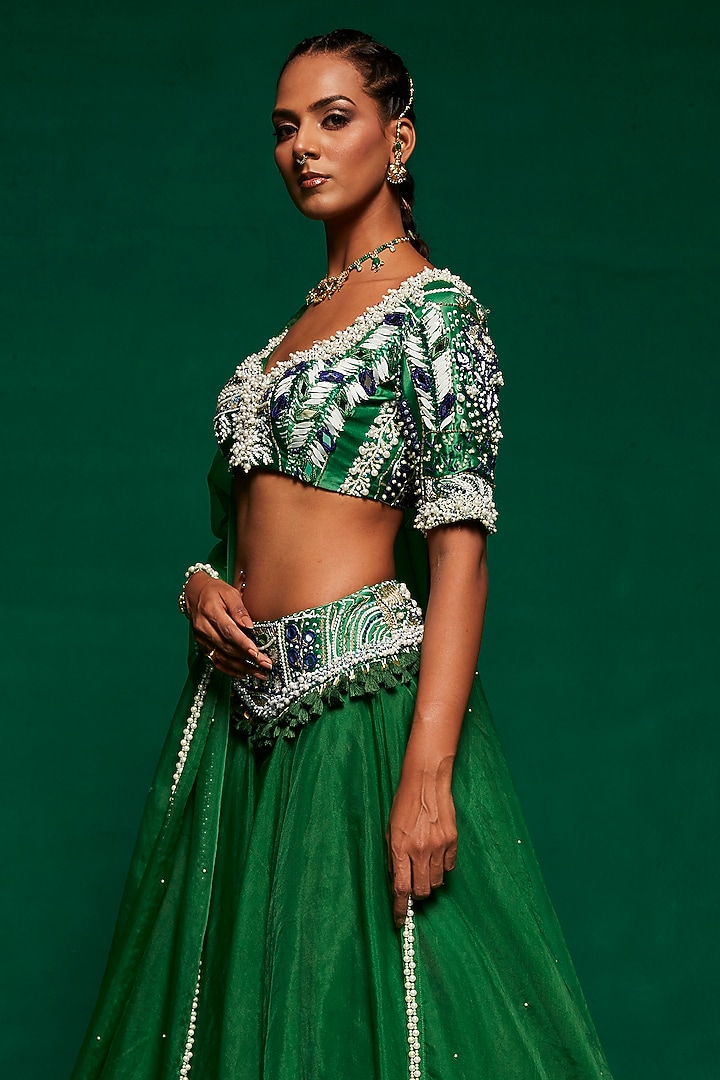 Green Organza Glass Bead Embellished Wedding Lehenga Set by Payal & Zinal at Pernia's Pop Up Shop