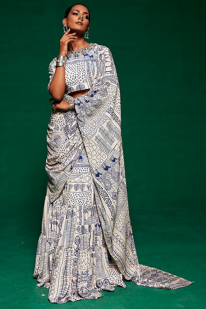 Off-White & Blue French Crepe Pre-Stitched Saree Set by Payal Zinal