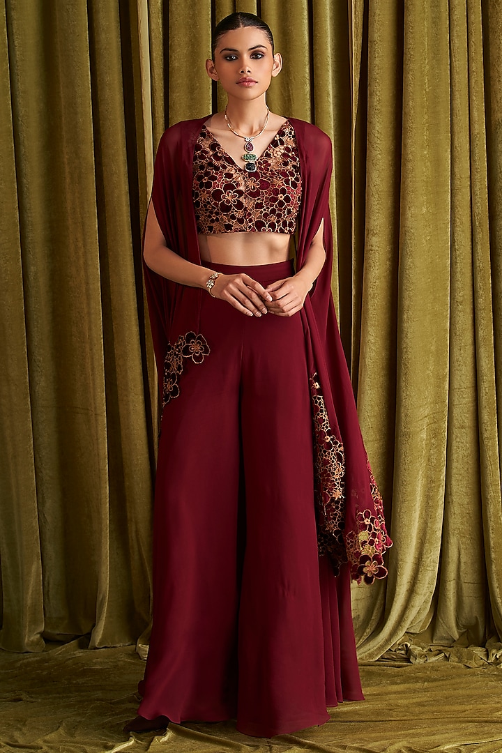 Ruby Red Georgette Cutwork Embroidered Cape Set by QALA CLOTHING