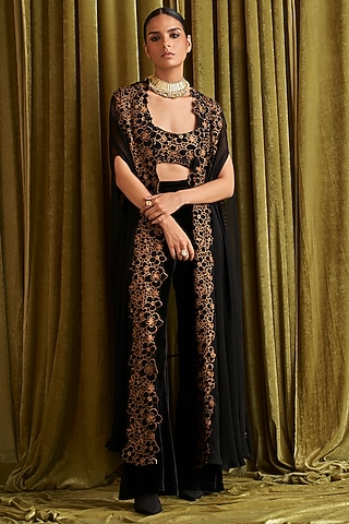 Black Georgette Cutwork Embroidered Cape Set by QALA CLOTHING