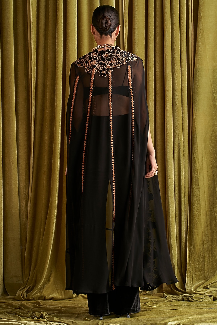 Black Georgette Cutwork Embroidered Cape Set by QALA CLOTHING at Pernia's Pop Up Shop