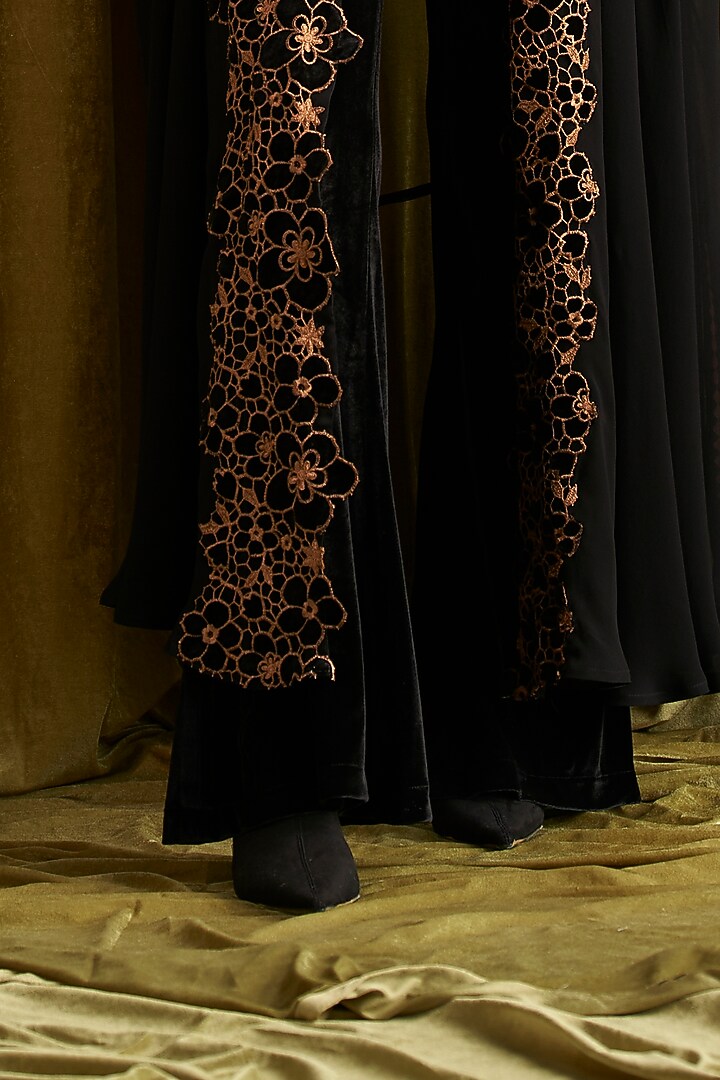 Black Georgette Cutwork Embroidered Cape Set by QALA CLOTHING at Pernia's Pop Up Shop