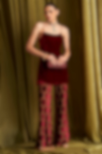 Ruby Red Velvet Kurta Set by QALA CLOTHING