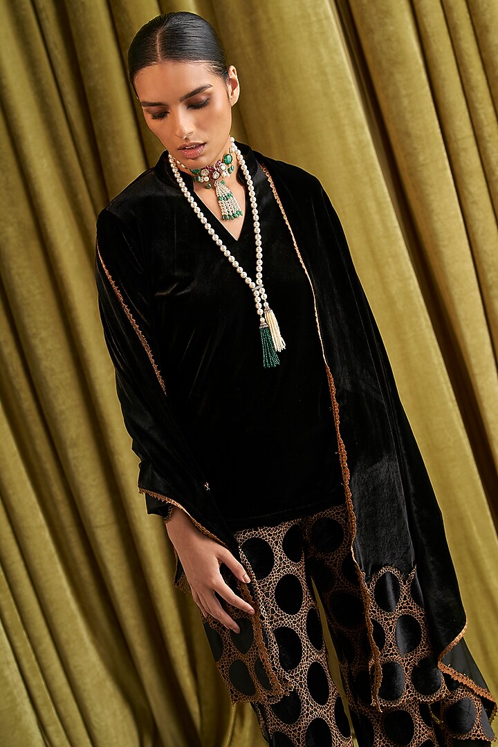 Black Velvet Embroidered Co-Ord Set by QALA CLOTHING at Pernia's Pop Up Shop