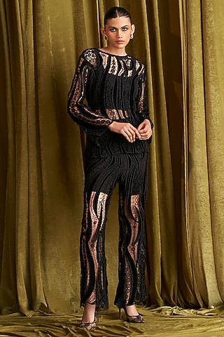 Black Velvet Cutwork Embroidered Co-Ord Set by QALA CLOTHING