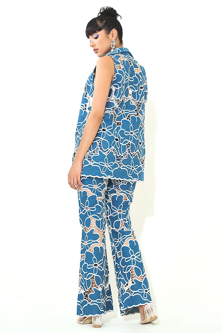 Dark Blue Denim Cutwork Embroidered Co-Ord Set by QALA CLOTHING at Pernia's Pop Up Shop