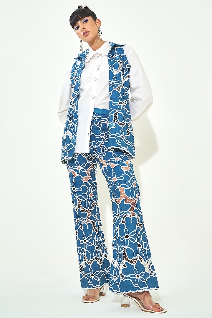 Dark Blue Denim Cutwork Embroidered Co-Ord Set by QALA CLOTHING at Pernia's Pop Up Shop