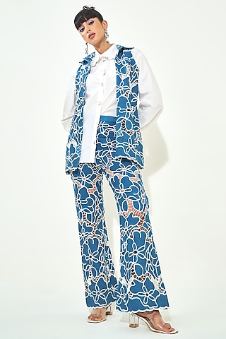 Dark Blue Denim Cutwork Embroidered Co-Ord Set by QALA CLOTHING