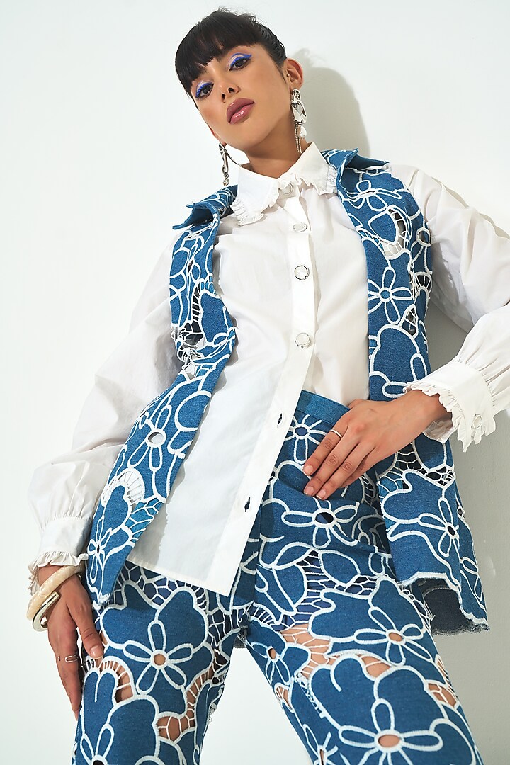 Dark Blue Denim Cutwork Embroidered Co-Ord Set by QALA CLOTHING at Pernia's Pop Up Shop
