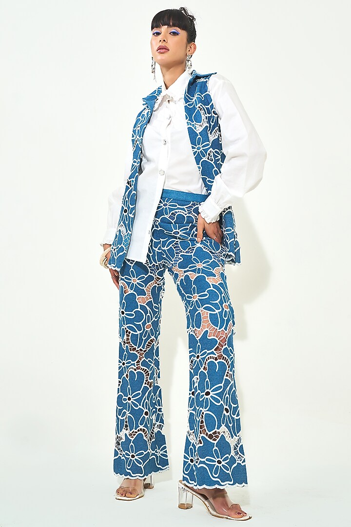 Dark Blue Denim Cutwork Embroidered Co-Ord Set by QALA CLOTHING at Pernia's Pop Up Shop