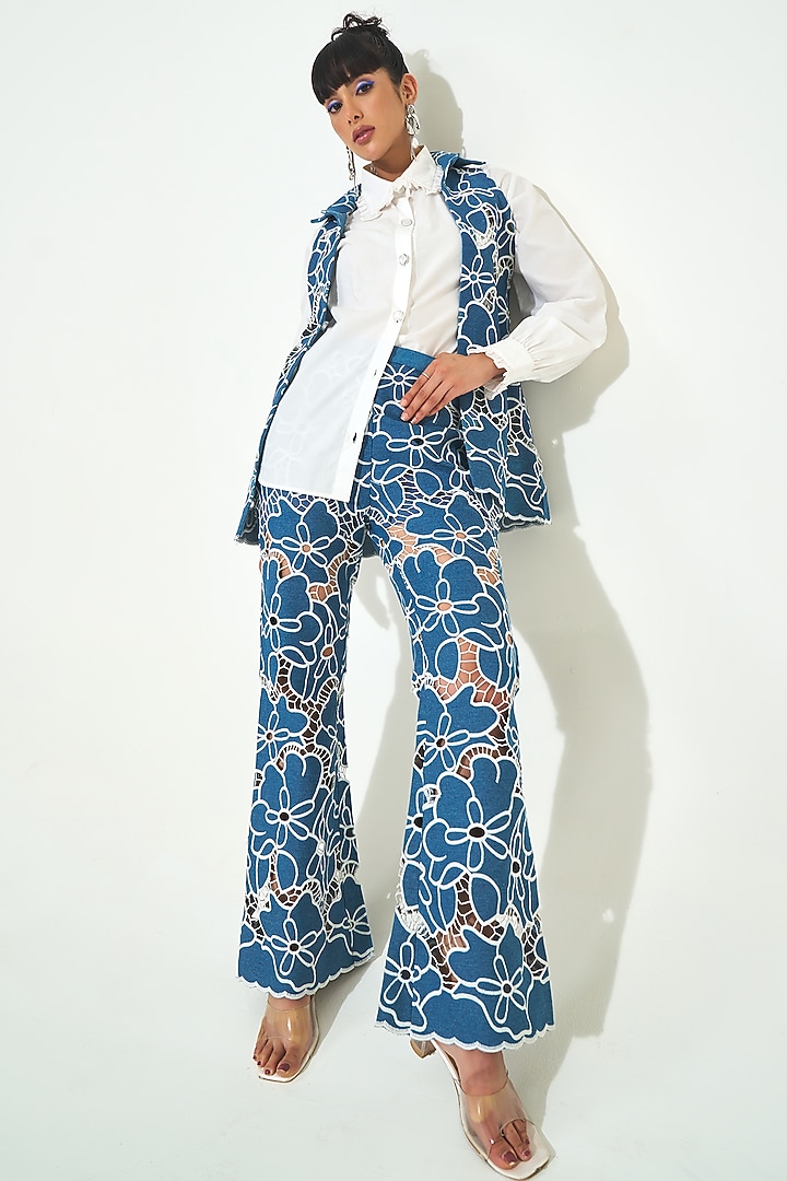 Dark Blue Denim Cutwork Embroidered Co-Ord Set by QALA CLOTHING at Pernia's Pop Up Shop