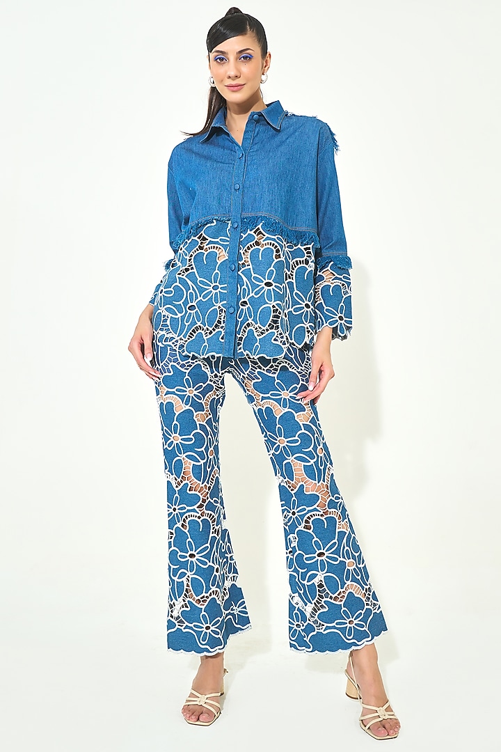 Dark Blue Denim Cutwork Embroidered Co-Ord Set by QALA CLOTHING at Pernia's Pop Up Shop
