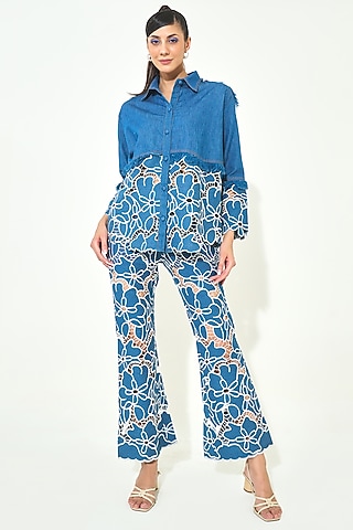 Dark Blue Denim Cutwork Embroidered Co-Ord Set by QALA CLOTHING