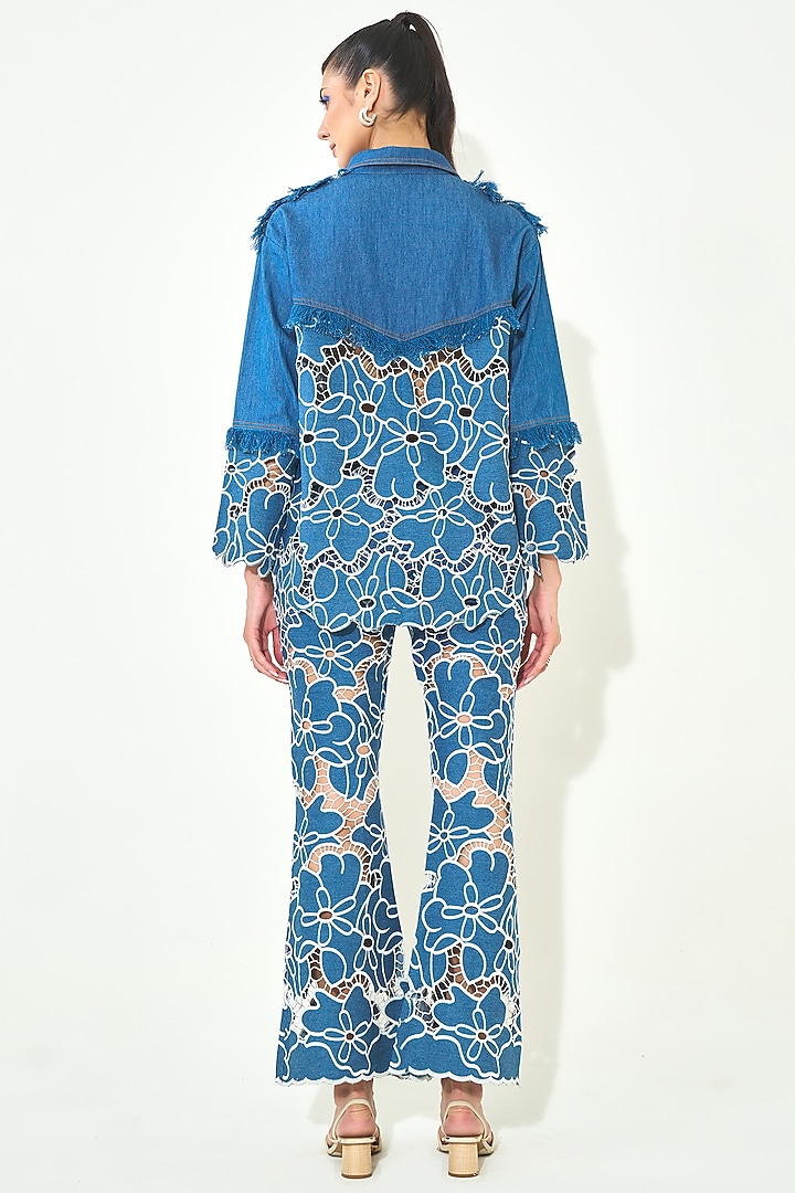 Dark Blue Denim Cutwork Embroidered Co-Ord Set by QALA CLOTHING at Pernia's Pop Up Shop